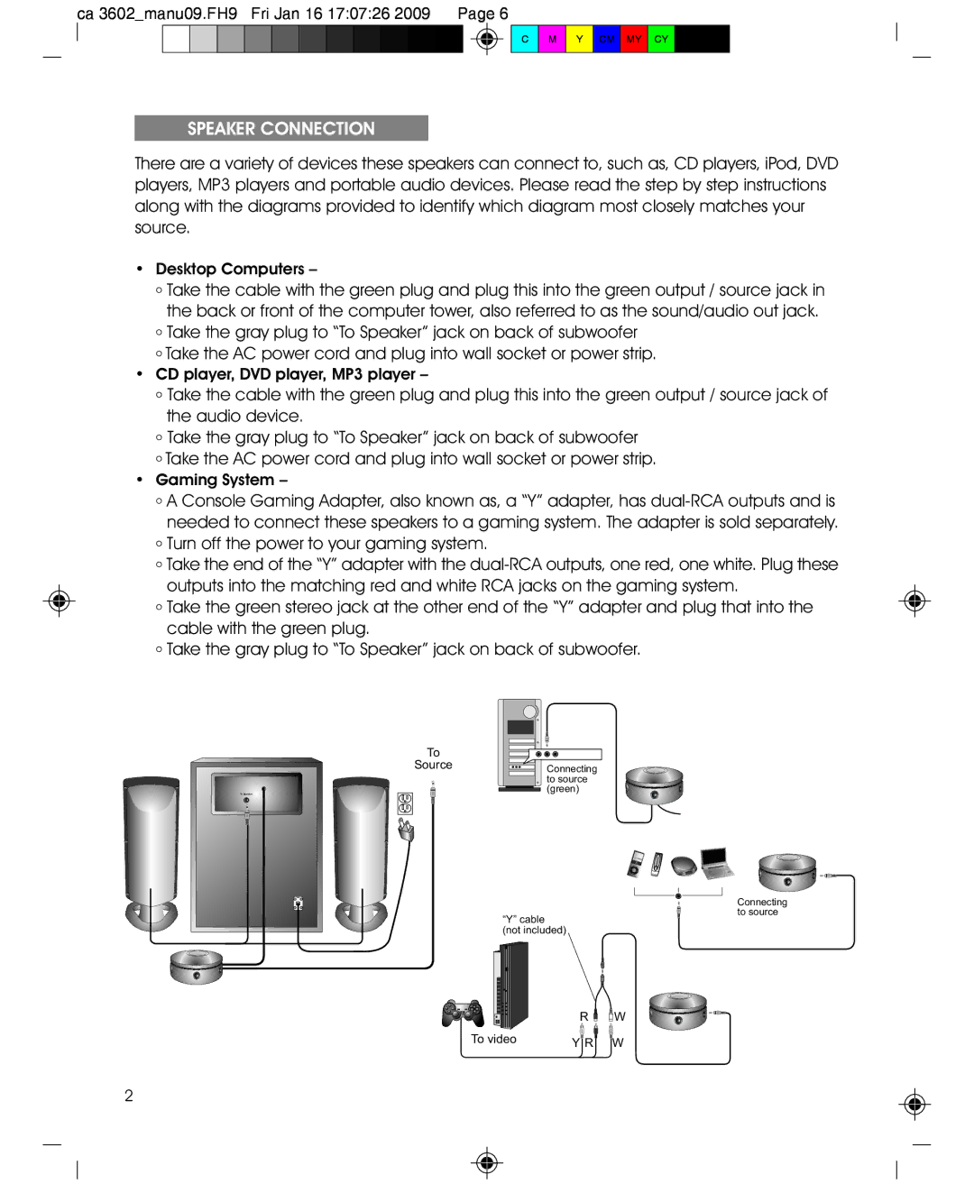 Cyber Acoustics CA-3602 manual Speaker Connection, Desktop Computers 