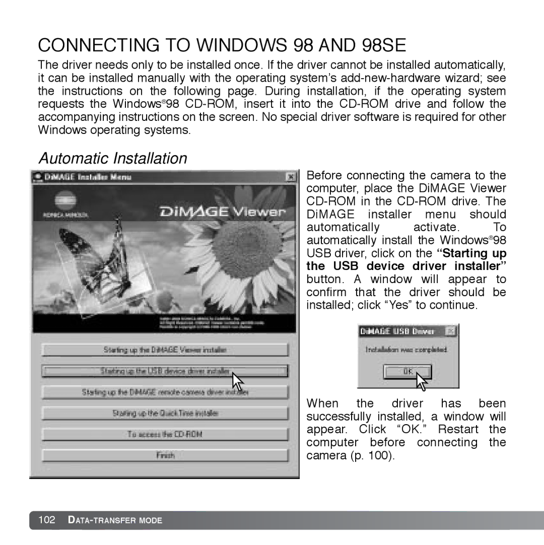 Cyber Acoustics DiMAGE Xg instruction manual Connecting to Windows 98 and 98SE, Automatic Installation 