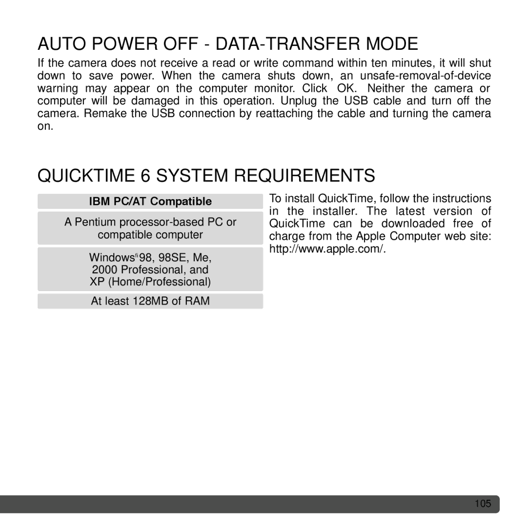 Cyber Acoustics DiMAGE Xg instruction manual Auto Power OFF DATA-TRANSFER Mode, Quicktime 6 System Requirements 