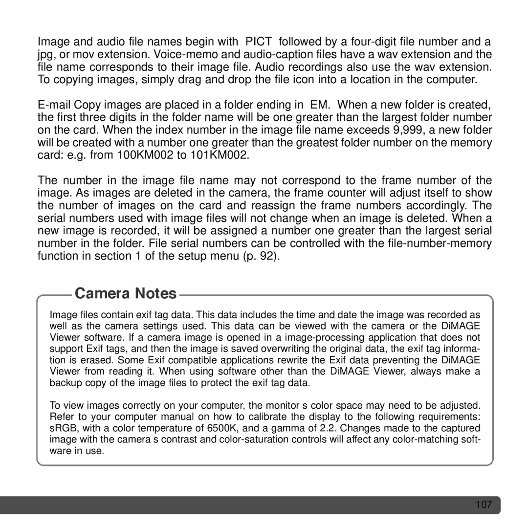 Cyber Acoustics DiMAGE Xg instruction manual Camera Notes 