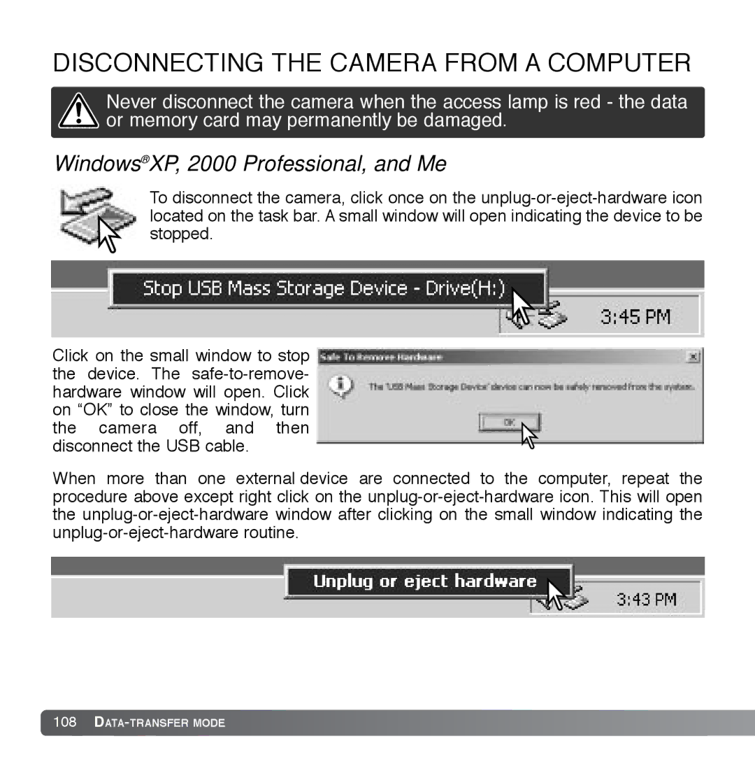 Cyber Acoustics DiMAGE Xg Disconnecting the Camera from a Computer, Windows XP, 2000 Professional, and Me 