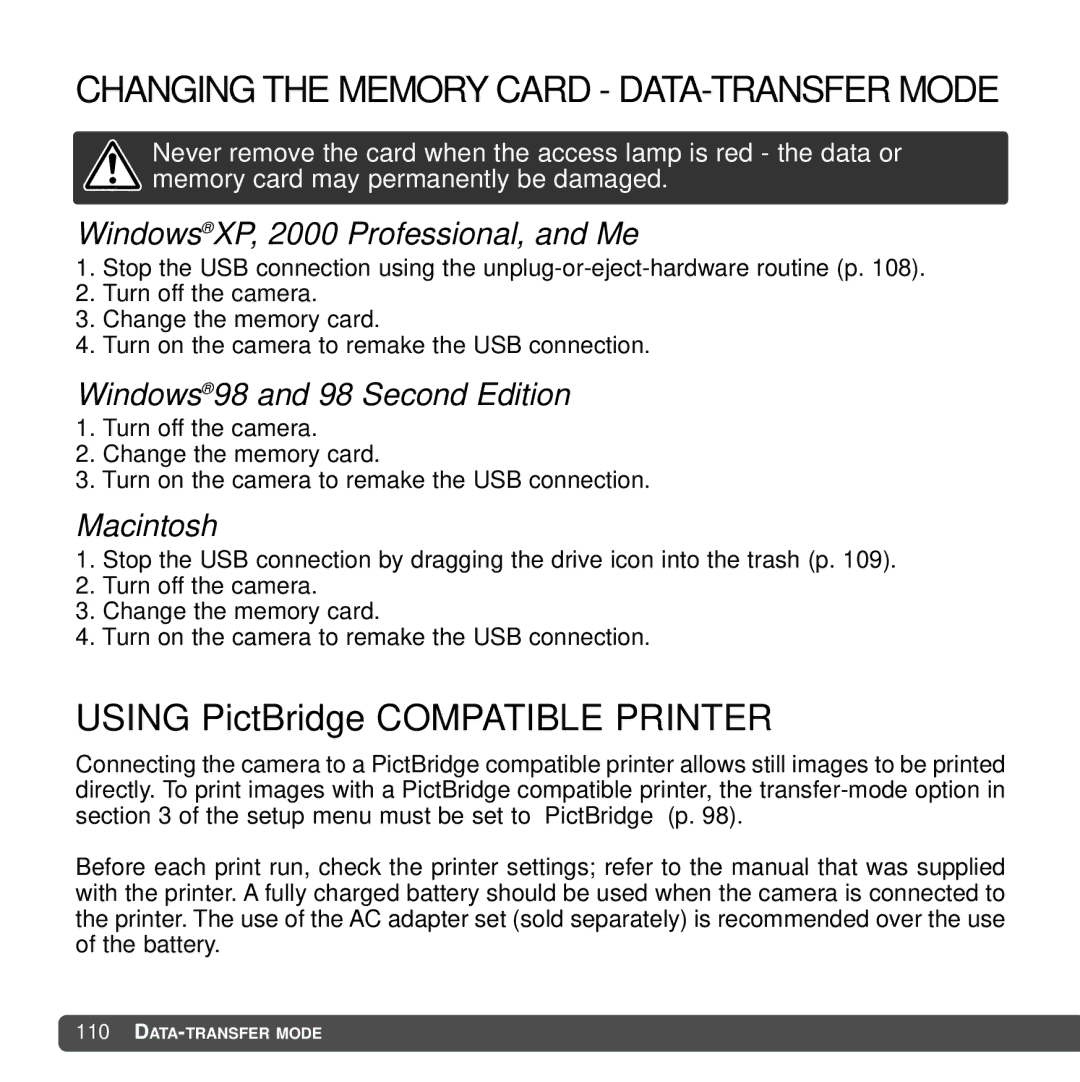 Cyber Acoustics DiMAGE Xg instruction manual Changing the Memory Card DATA-TRANSFER Mode, Windows 98 and 98 Second Edition 