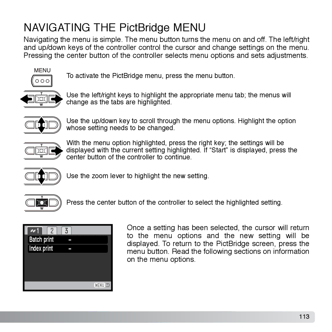 Cyber Acoustics DiMAGE Xg instruction manual Navigating the PictBridge Menu 