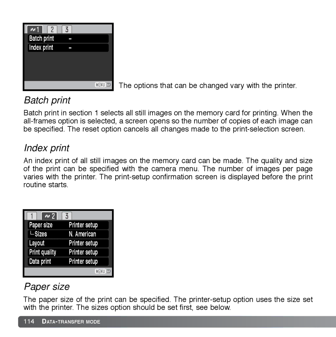 Cyber Acoustics DiMAGE Xg instruction manual Batch print, Index print, Paper size 