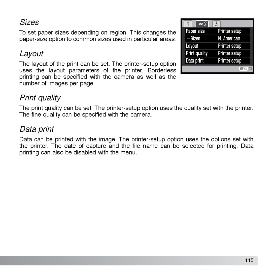 Cyber Acoustics DiMAGE Xg instruction manual Sizes, Layout, Print quality, Data print 