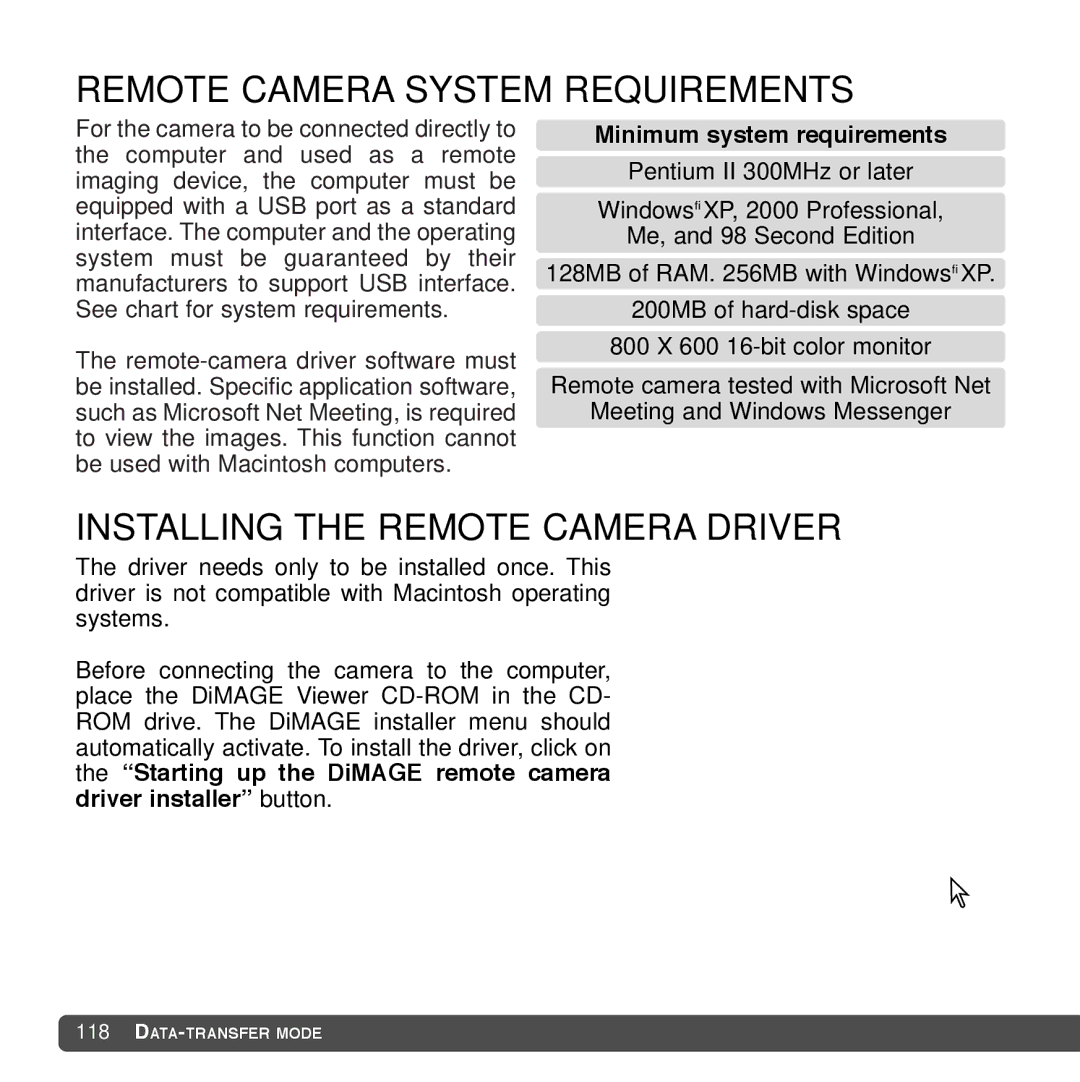 Cyber Acoustics DiMAGE Xg instruction manual Remote Camera System Requirements, Installing the Remote Camera Driver 