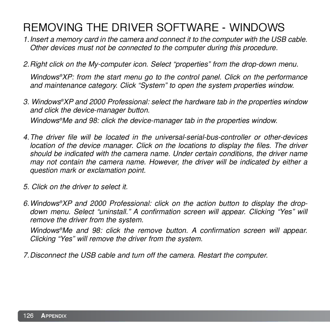 Cyber Acoustics DiMAGE Xg instruction manual Removing the Driver Software Windows 