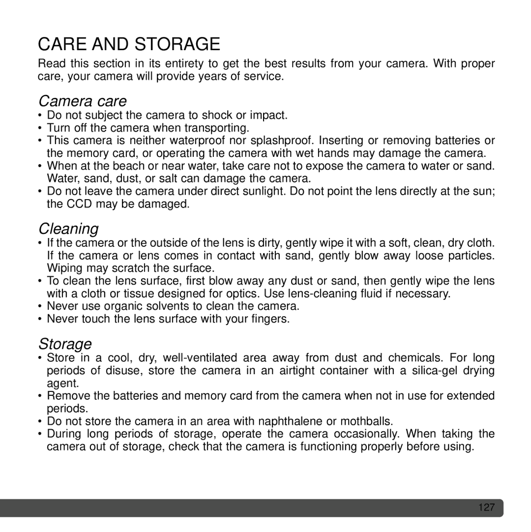 Cyber Acoustics DiMAGE Xg instruction manual Care and Storage, Camera care, Cleaning 