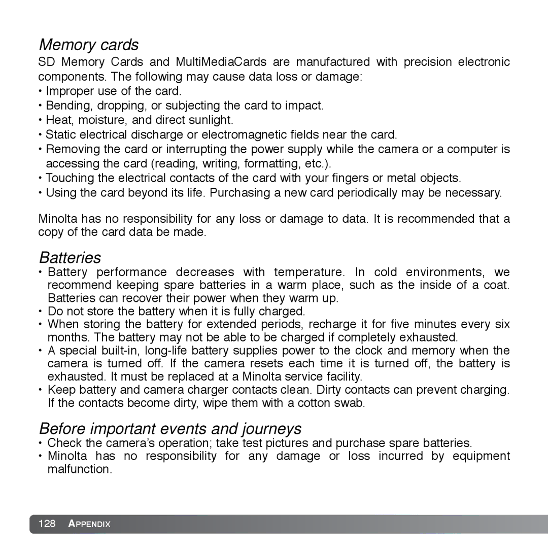 Cyber Acoustics DiMAGE Xg instruction manual Memory cards, Batteries, Before important events and journeys 