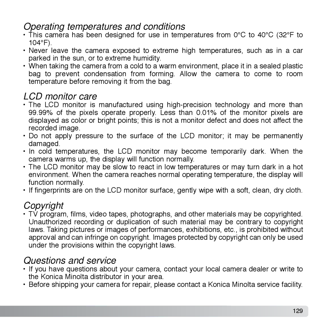 Cyber Acoustics DiMAGE Xg Operating temperatures and conditions, LCD monitor care, Copyright, Questions and service 