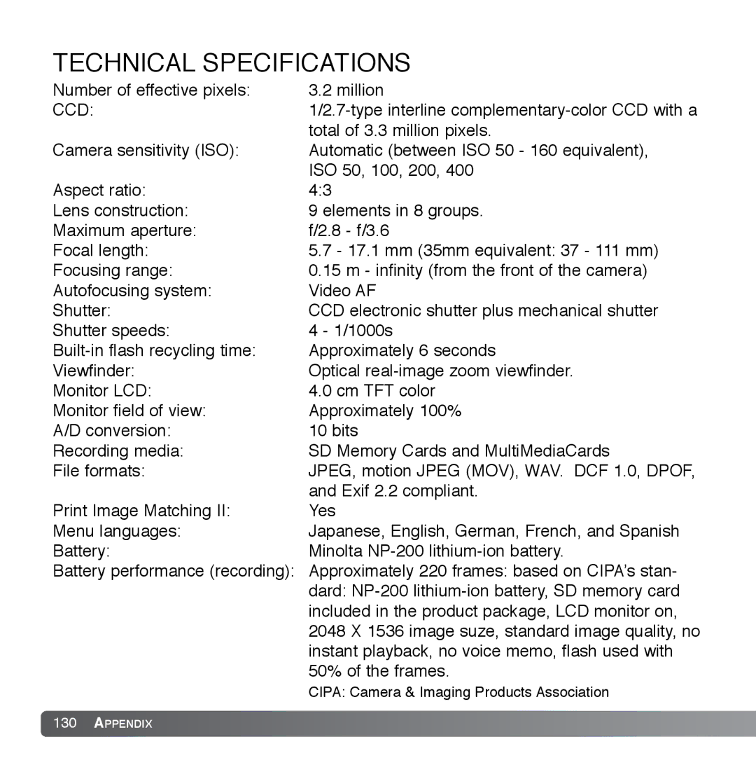 Cyber Acoustics DiMAGE Xg instruction manual Technical Specifications, Ccd 