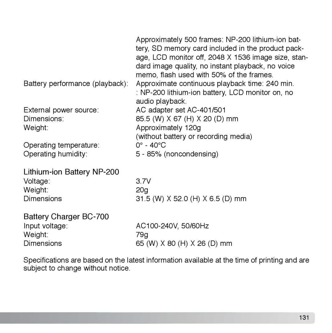 Cyber Acoustics DiMAGE Xg instruction manual Lithium-ion Battery NP-200 