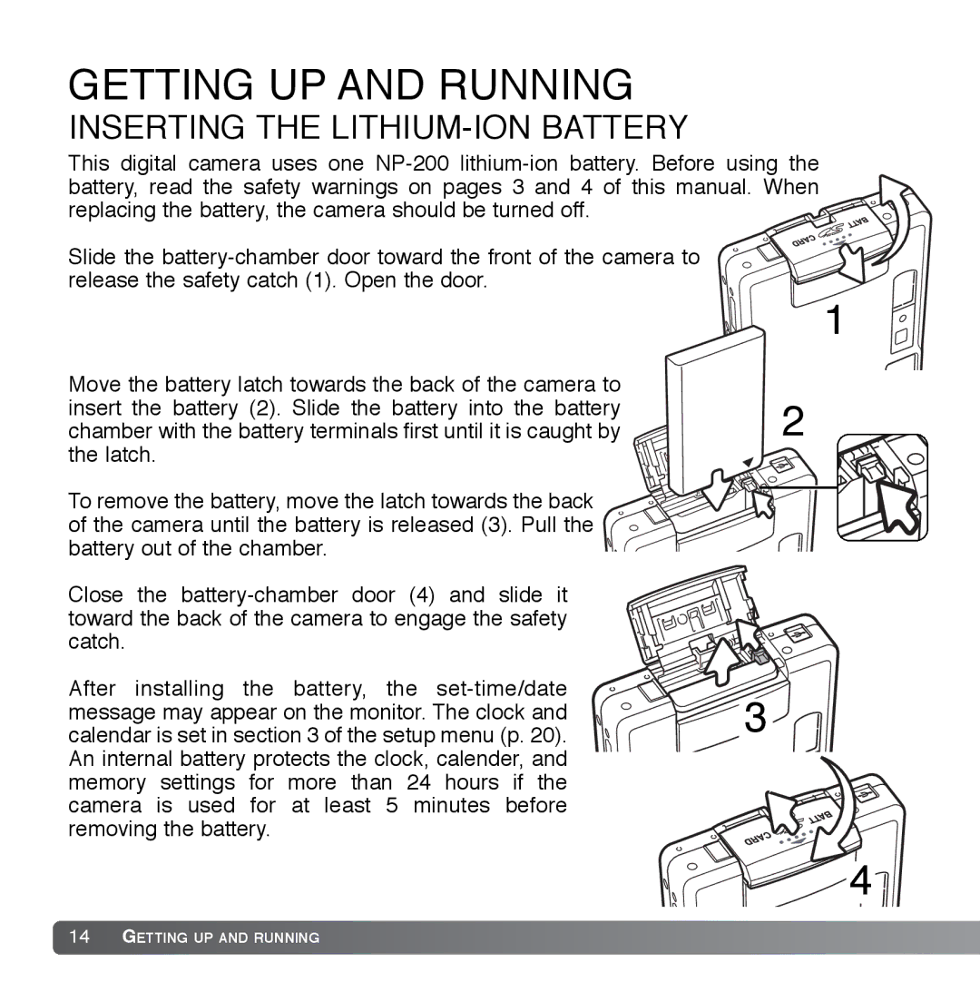 Cyber Acoustics DiMAGE Xg instruction manual Getting UP and Running, Inserting the LITHIUM-ION Battery 