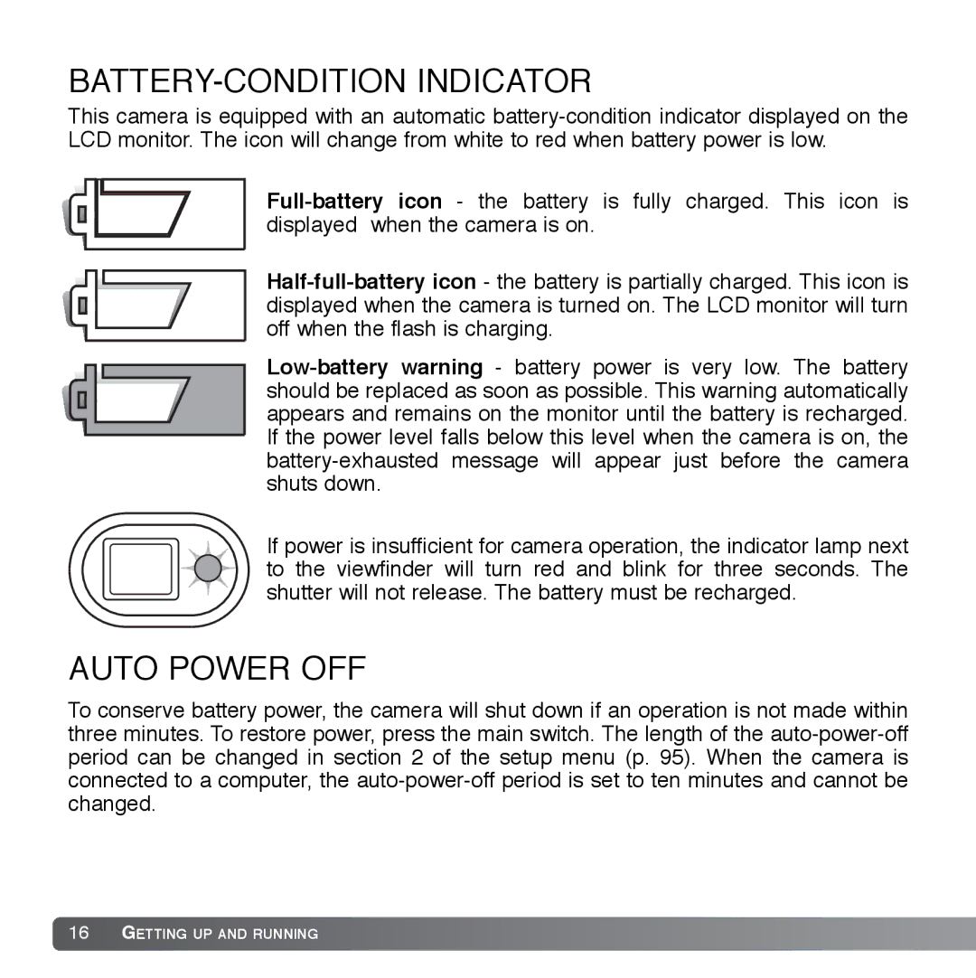 Cyber Acoustics DiMAGE Xg instruction manual BATTERY-CONDITION Indicator, Auto Power OFF 