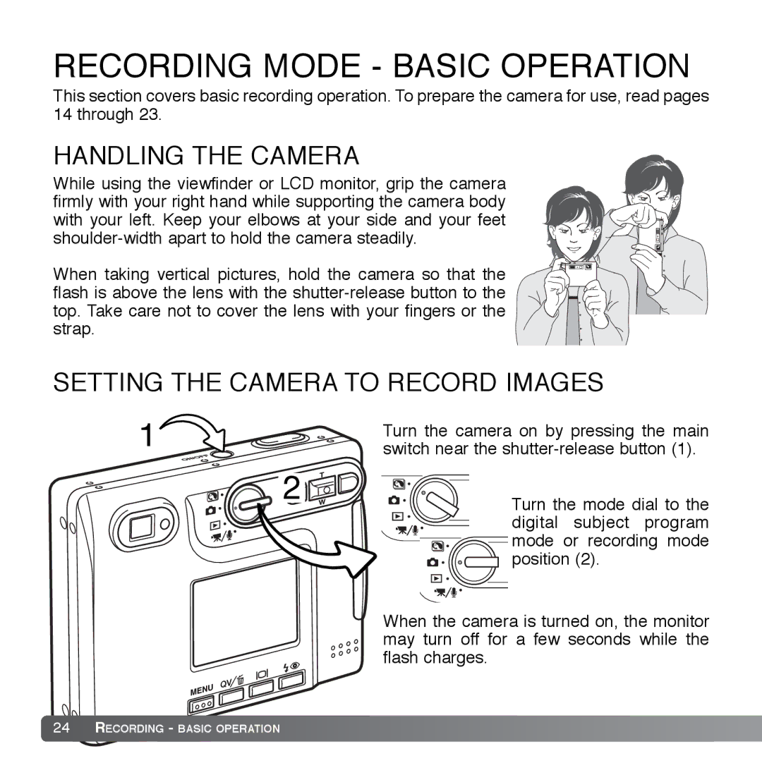 Cyber Acoustics DiMAGE Xg instruction manual Handling the Camera, Setting the Camera to Record Images 