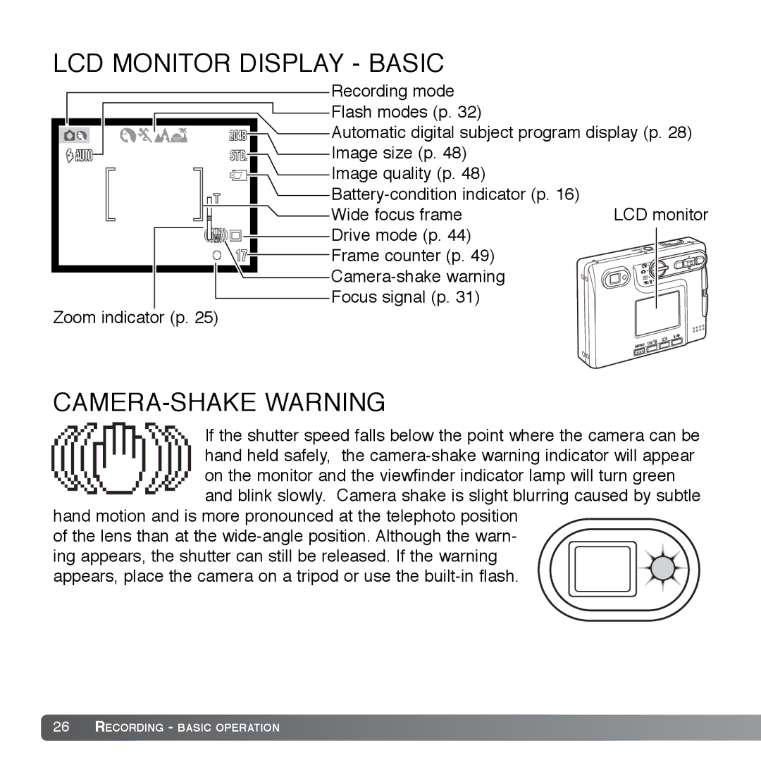 Cyber Acoustics DiMAGE Xg instruction manual LCD Monitor Display Basic, CAMERA-SHAKE Warning 