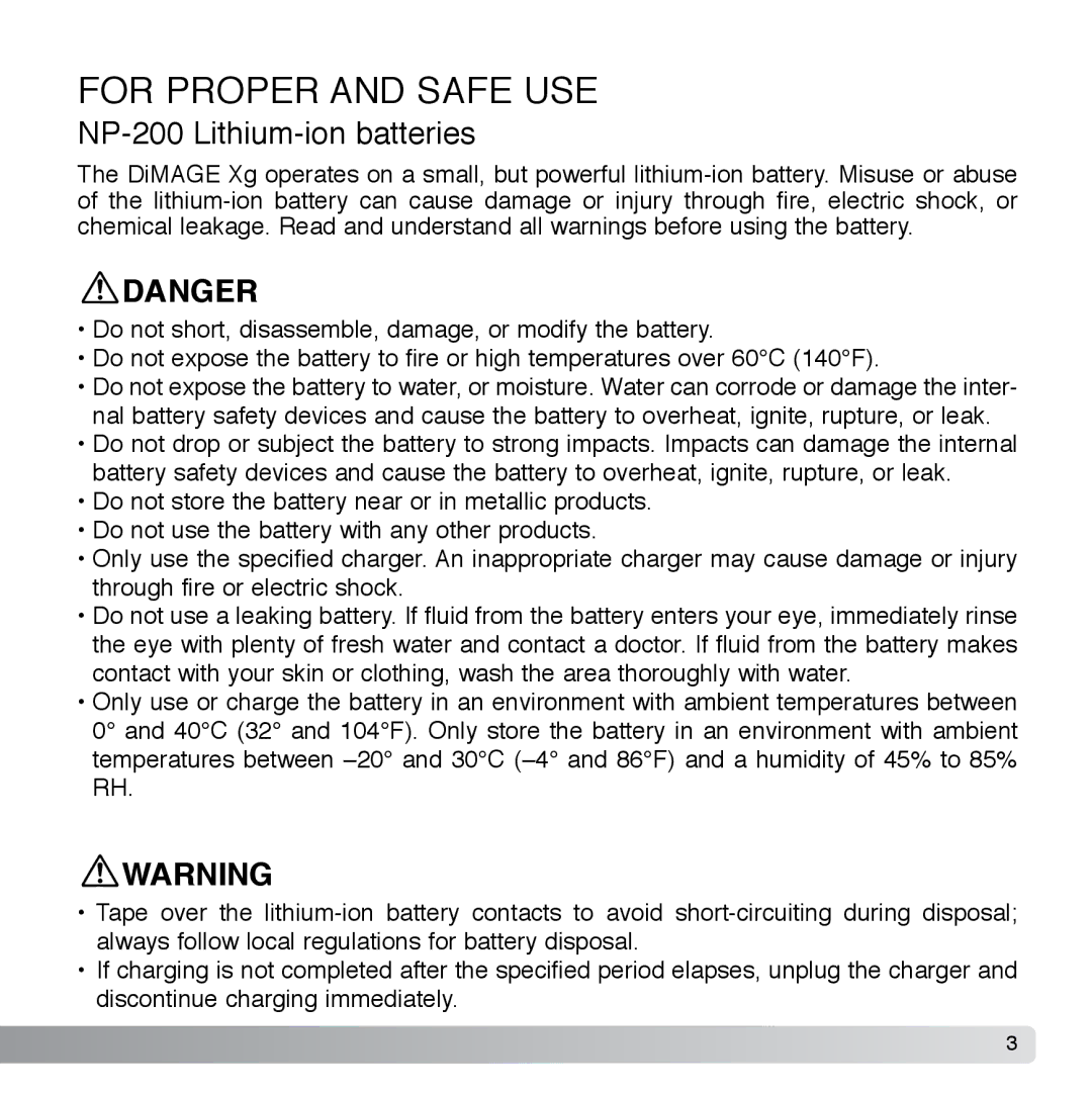 Cyber Acoustics DiMAGE Xg instruction manual For Proper and Safe USE, NP-200 Lithium-ion batteries 