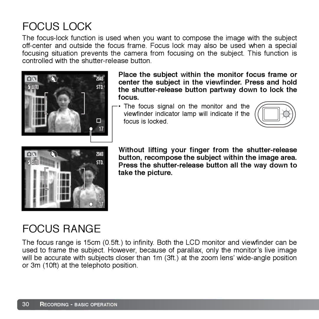 Cyber Acoustics DiMAGE Xg instruction manual Focus Lock, Focus Range 