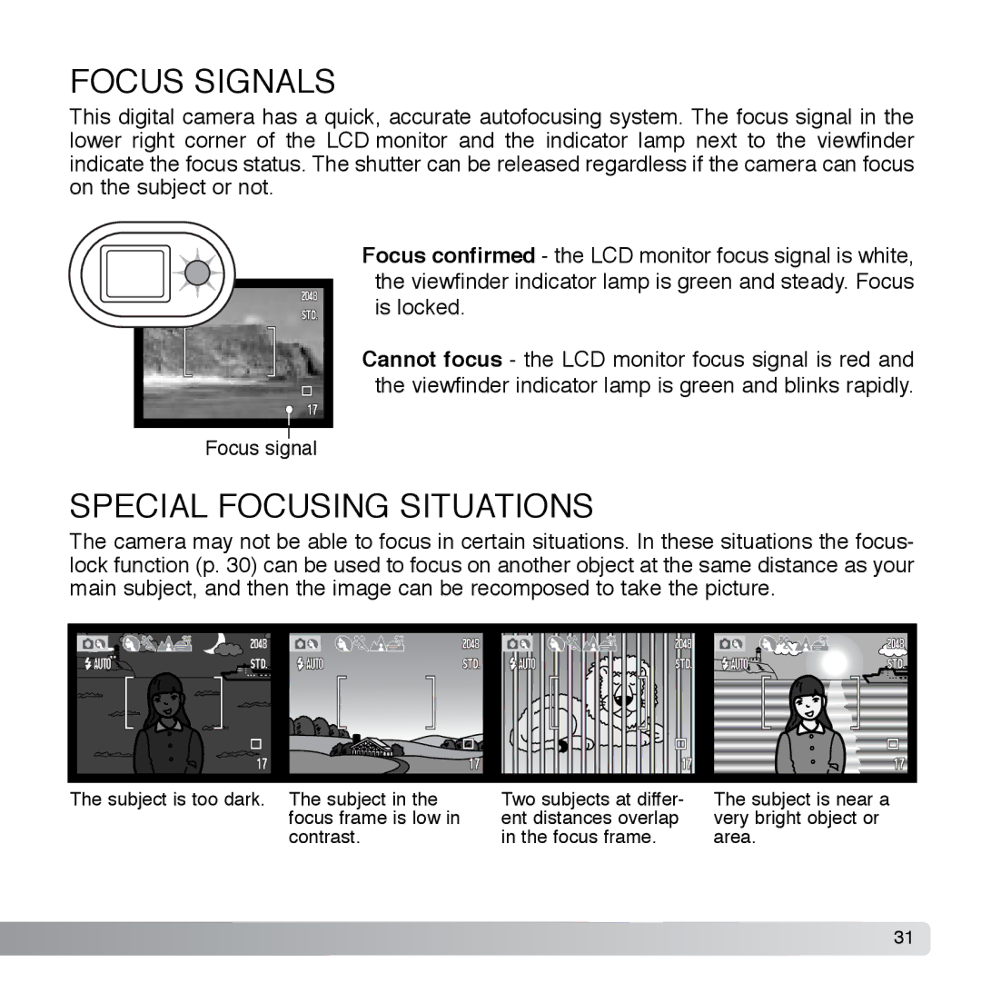 Cyber Acoustics DiMAGE Xg instruction manual Focus Signals, Special Focusing Situations 