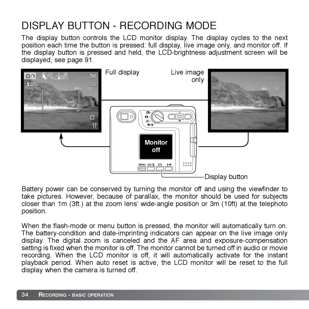 Cyber Acoustics DiMAGE Xg instruction manual Display Button Recording Mode 