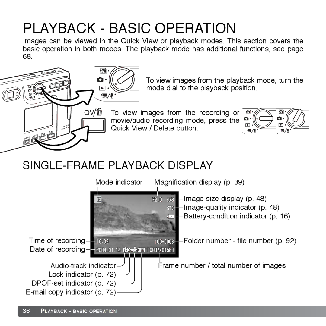 Cyber Acoustics DiMAGE Xg instruction manual Playback Basic Operation, SINGLE-FRAME Playback Display 