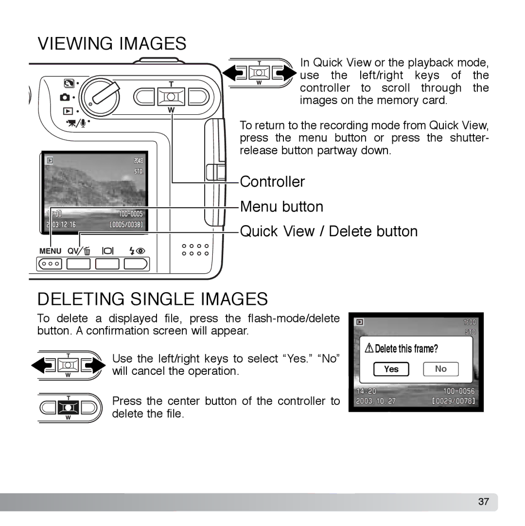 Cyber Acoustics DiMAGE Xg instruction manual Viewing Images, Deleting Single Images 