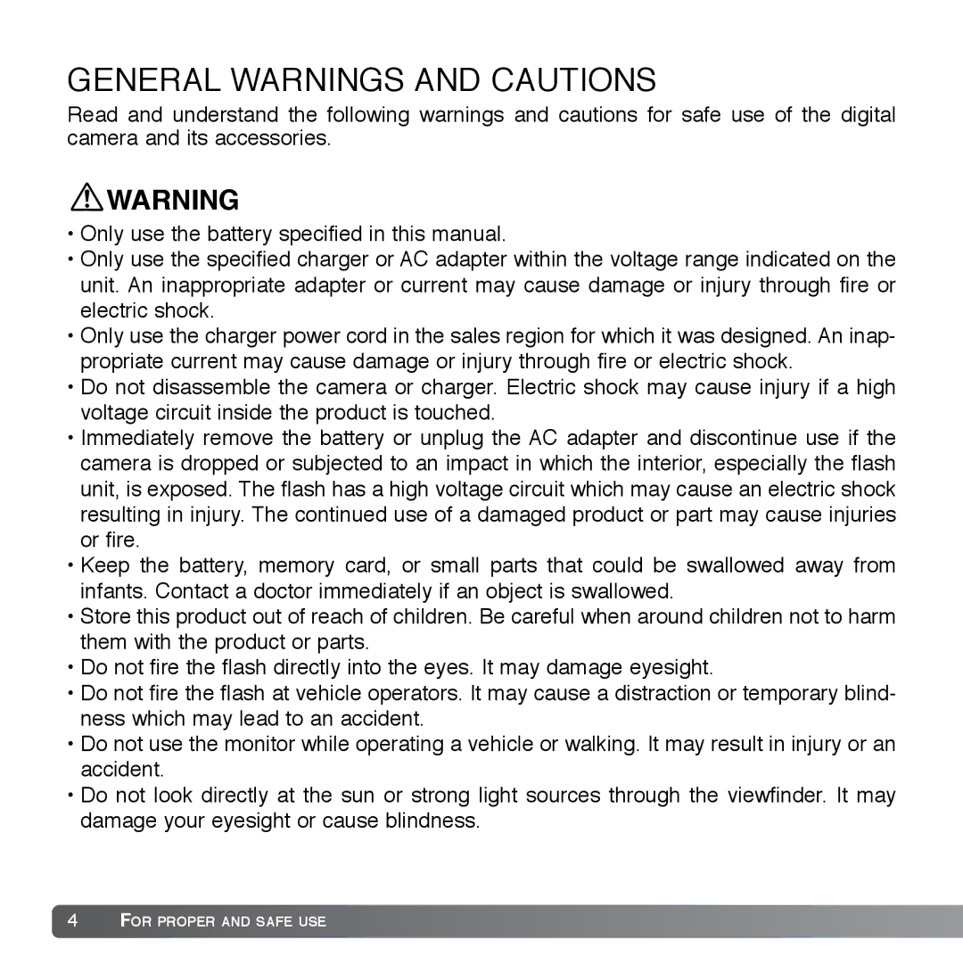 Cyber Acoustics DiMAGE Xg instruction manual General Warnings and Cautions 