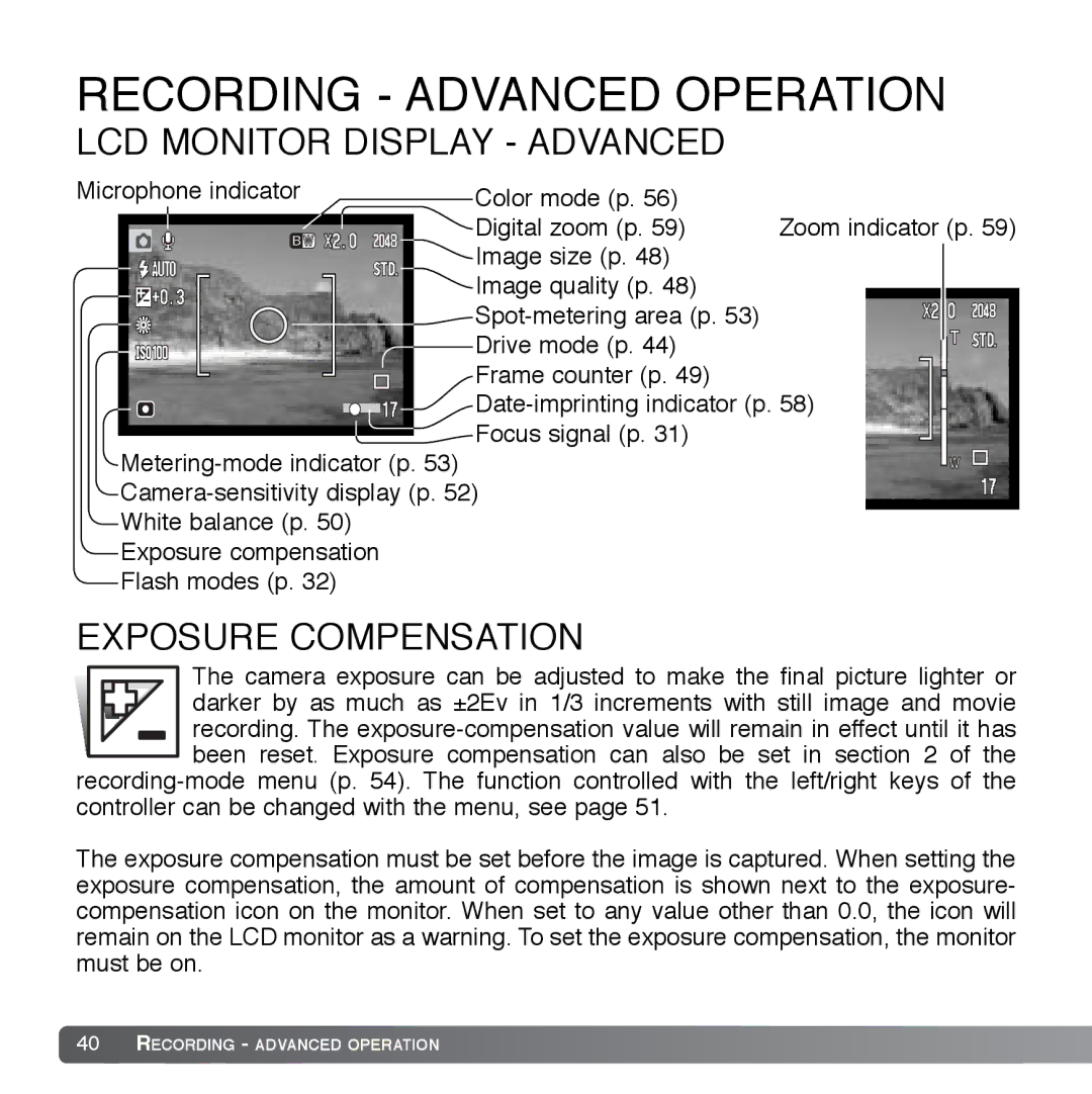 Cyber Acoustics DiMAGE Xg instruction manual LCD Monitor Display Advanced, Exposure Compensation 