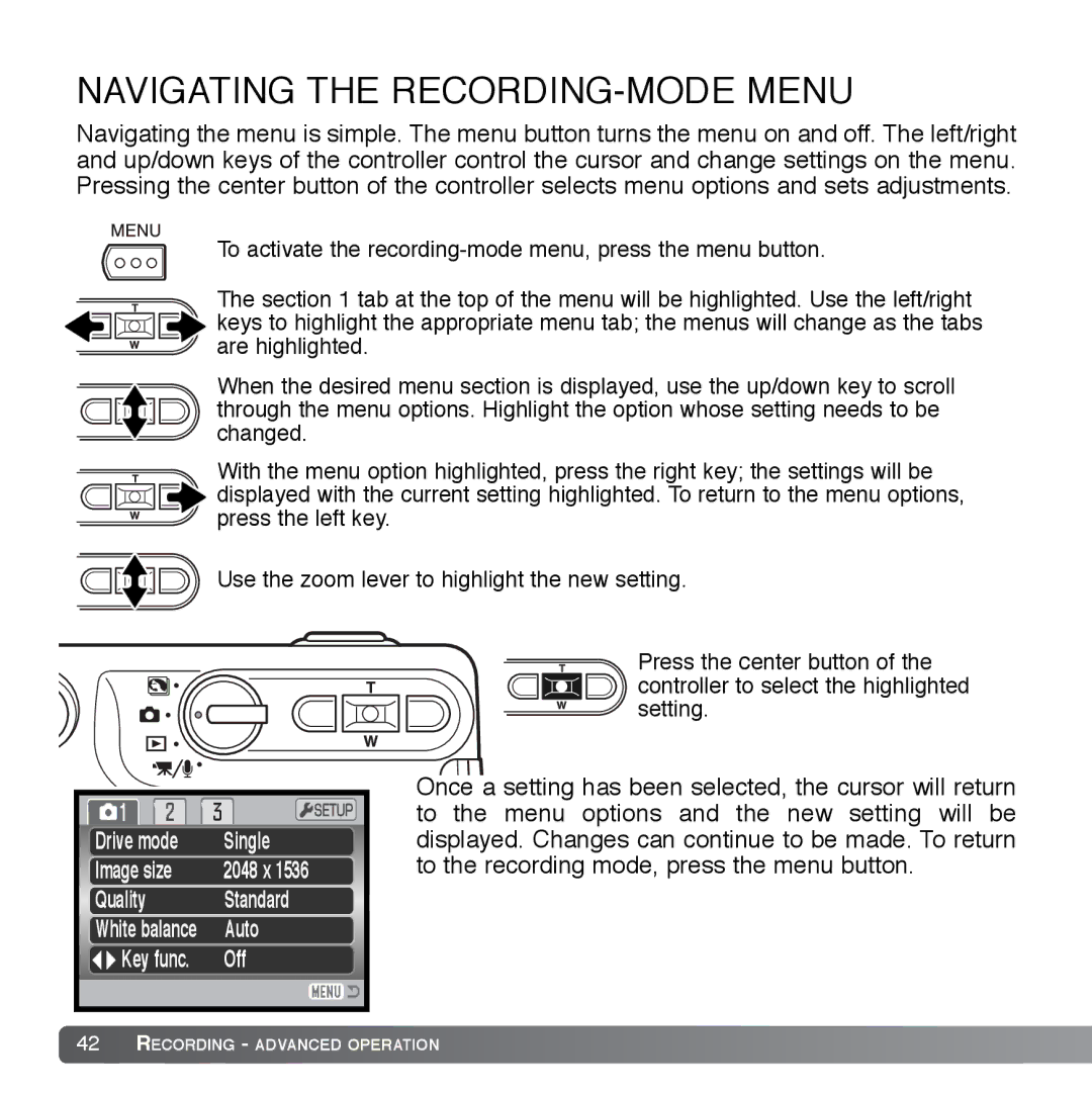 Cyber Acoustics DiMAGE Xg instruction manual Navigating the RECORDING-MODE Menu 