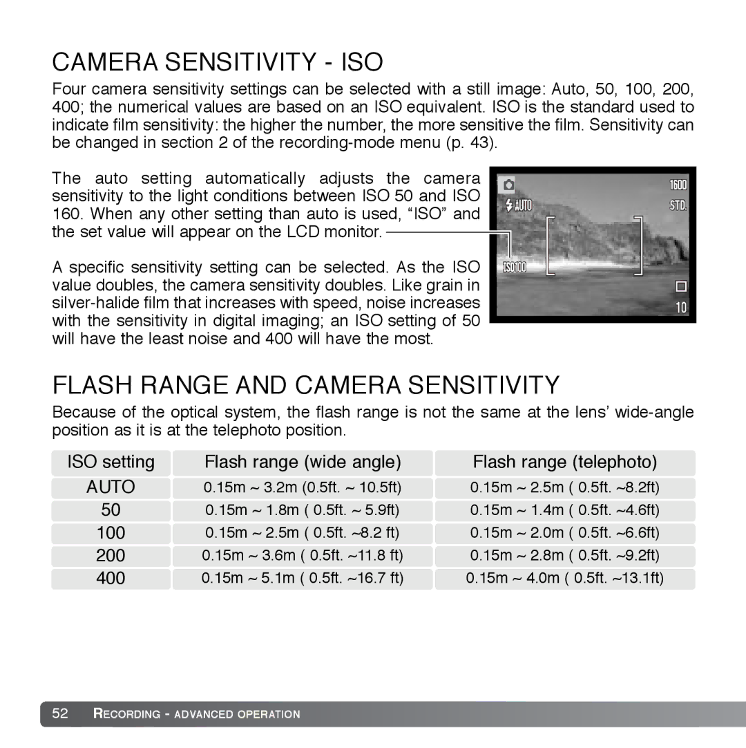 Cyber Acoustics DiMAGE Xg instruction manual Camera Sensitivity ISO, Flash Range and Camera Sensitivity 