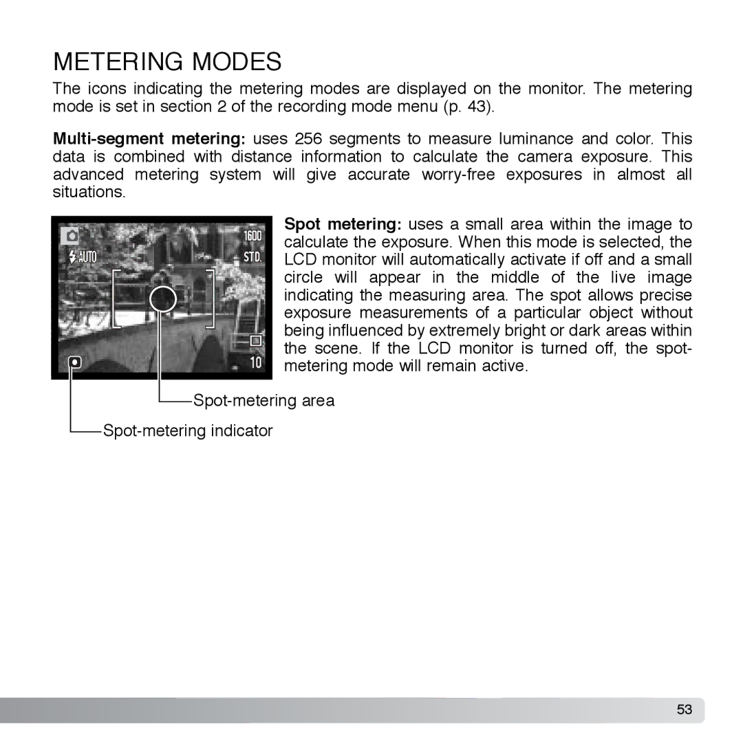 Cyber Acoustics DiMAGE Xg instruction manual Metering Modes 