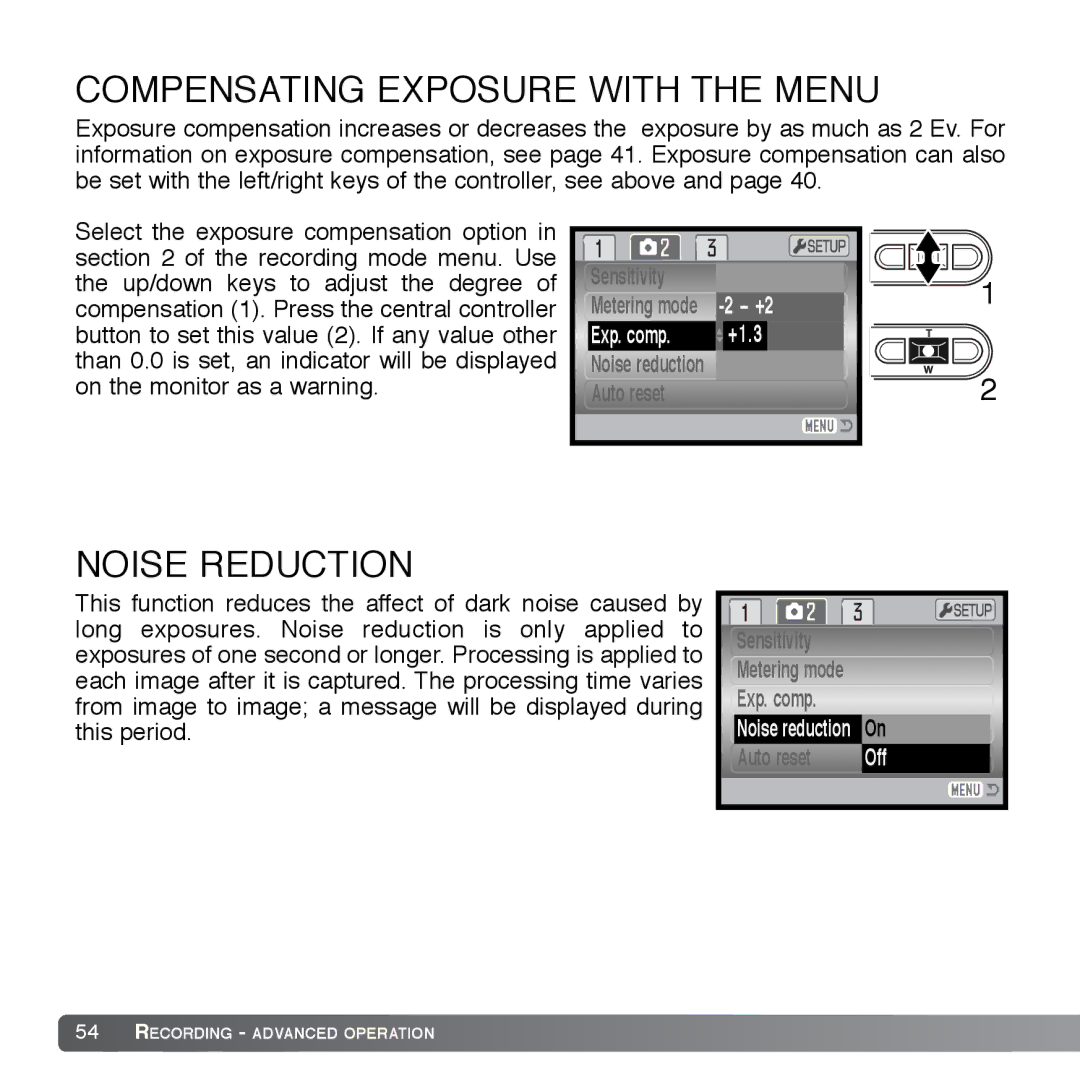 Cyber Acoustics DiMAGE Xg instruction manual Compensating Exposure with the Menu, Noise Reduction 