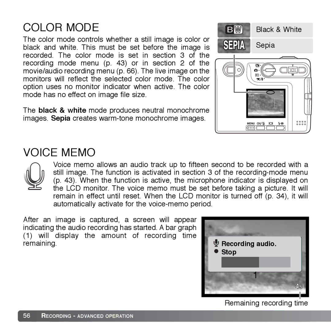 Cyber Acoustics DiMAGE Xg instruction manual Color Mode, Voice Memo 