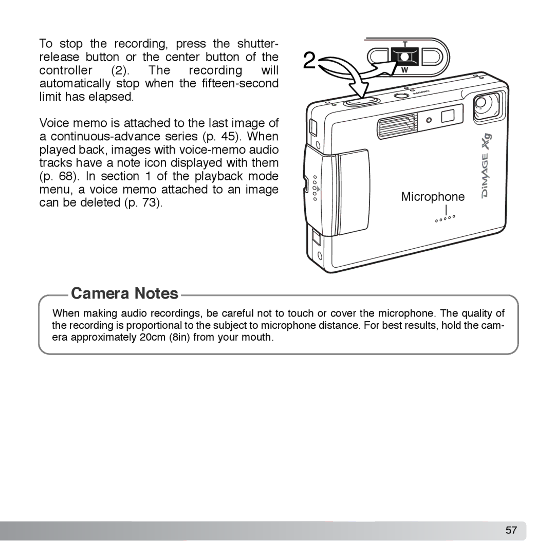 Cyber Acoustics DiMAGE Xg instruction manual Camera Notes 