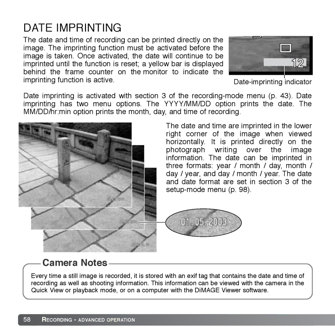 Cyber Acoustics DiMAGE Xg instruction manual Date Imprinting 