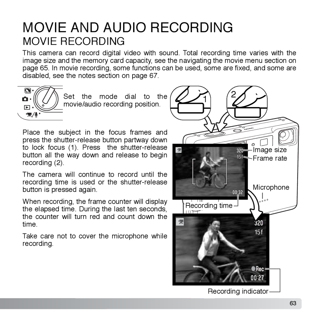 Cyber Acoustics DiMAGE Xg instruction manual Movie and Audio Recording, Movie Recording 