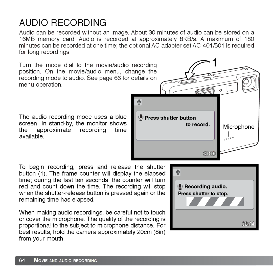 Cyber Acoustics DiMAGE Xg instruction manual Audio Recording 