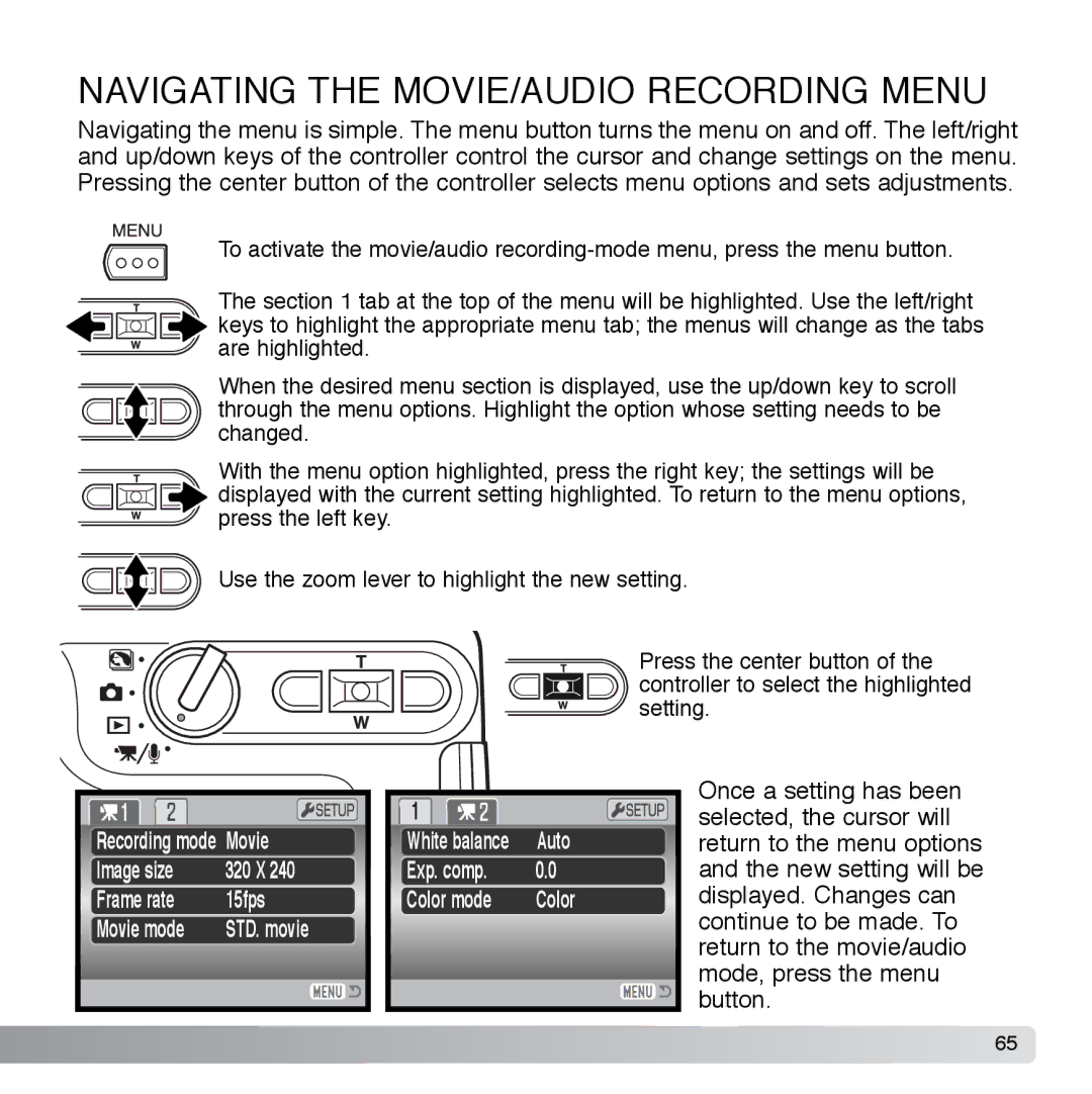 Cyber Acoustics DiMAGE Xg instruction manual Navigating the MOVIE/AUDIO Recording Menu 