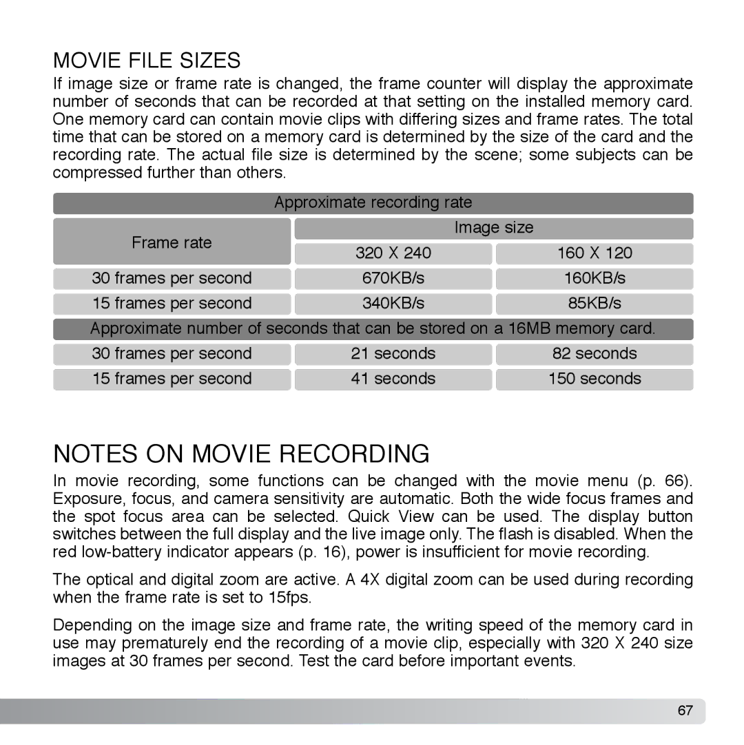 Cyber Acoustics DiMAGE Xg instruction manual Movie File Sizes 