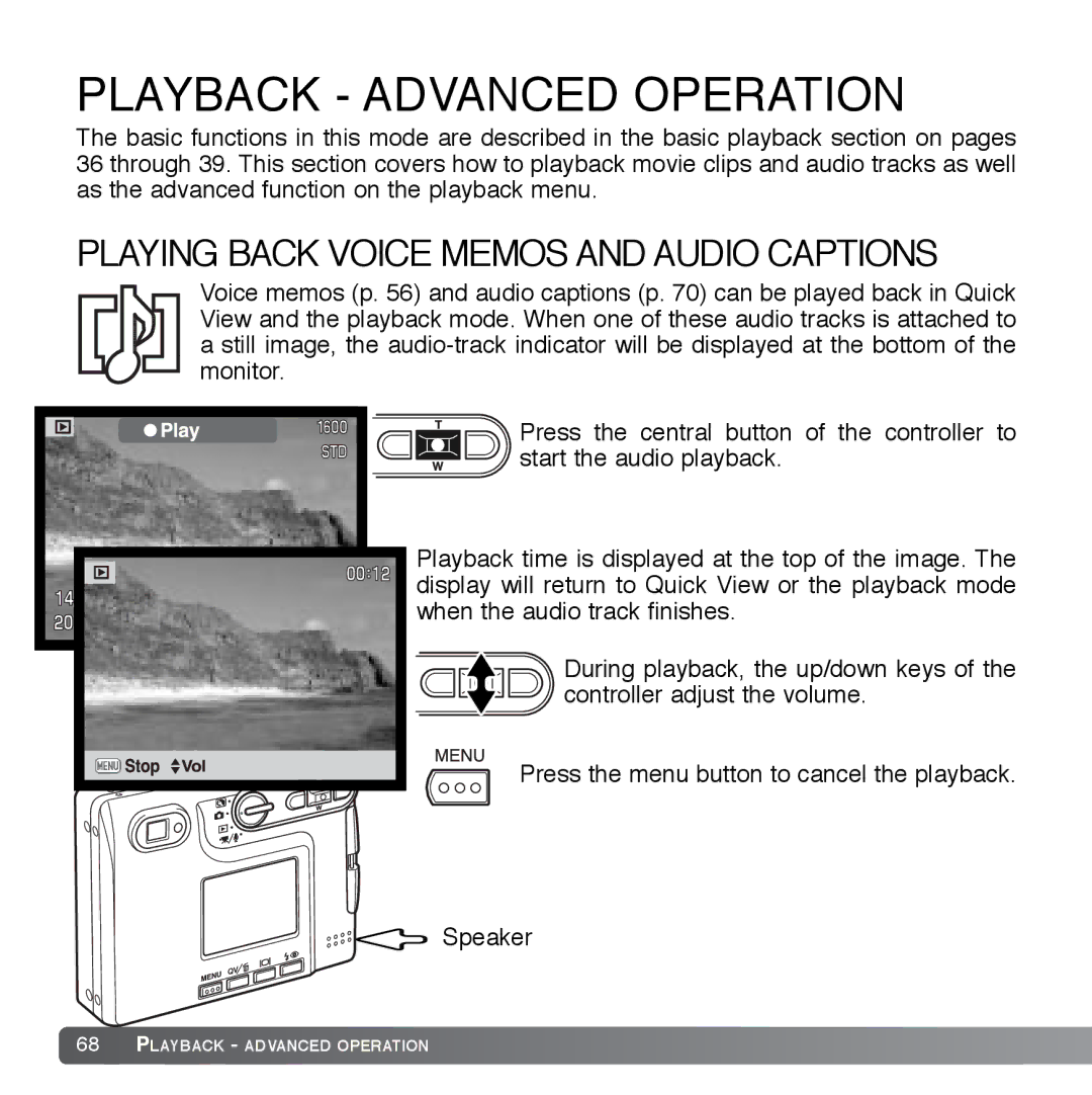 Cyber Acoustics DiMAGE Xg instruction manual Playback Advanced Operation, Playing Back Voice Memos and Audio Captions 