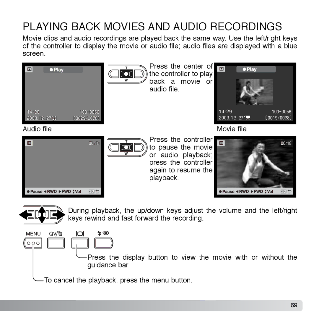 Cyber Acoustics DiMAGE Xg instruction manual Playing Back Movies and Audio Recordings 