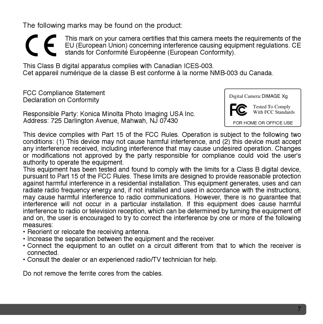 Cyber Acoustics DiMAGE Xg instruction manual Following marks may be found on the product 