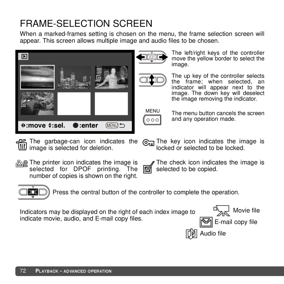 Cyber Acoustics DiMAGE Xg instruction manual FRAME-SELECTION Screen, Move Sel Enter 