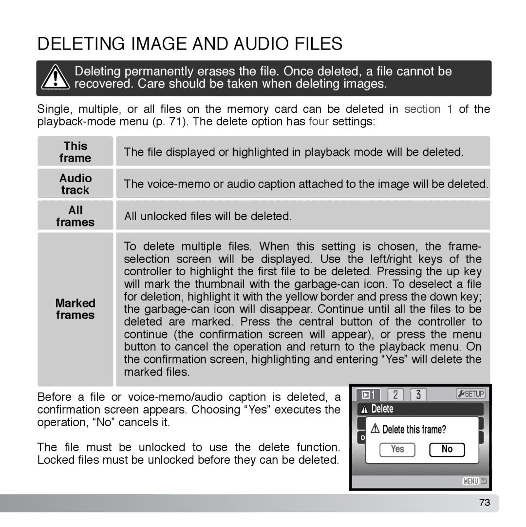 Cyber Acoustics DiMAGE Xg Deleting Image and Audio Files, This Frame Audio Track All Frames Marked frames 