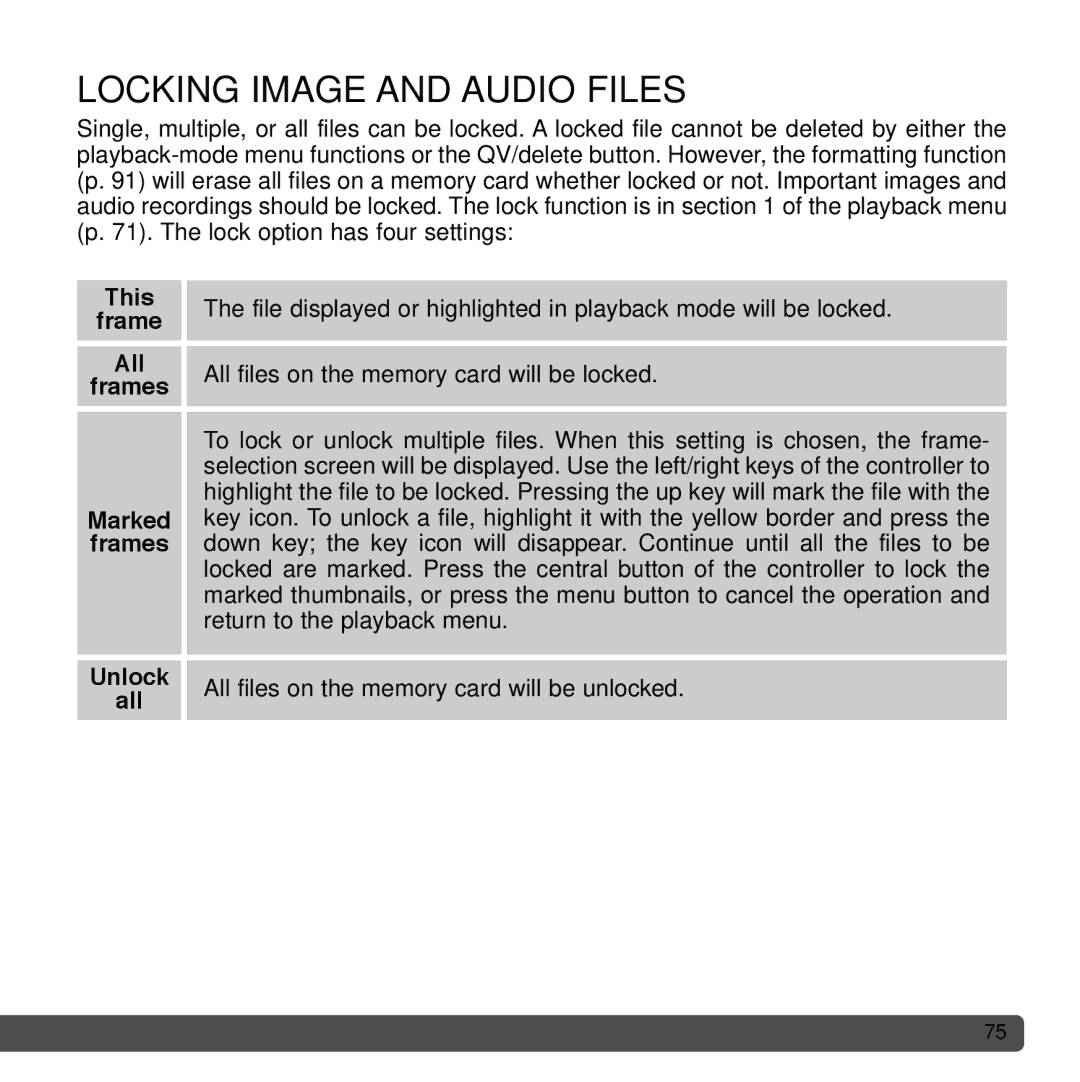 Cyber Acoustics DiMAGE Xg instruction manual Locking Image and Audio Files, This Frame All Frames 