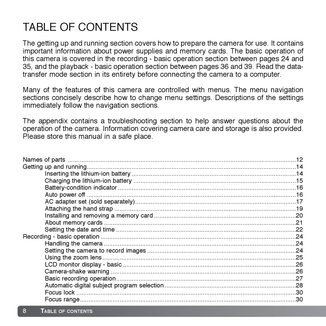 Cyber Acoustics DiMAGE Xg instruction manual Table of Contents 