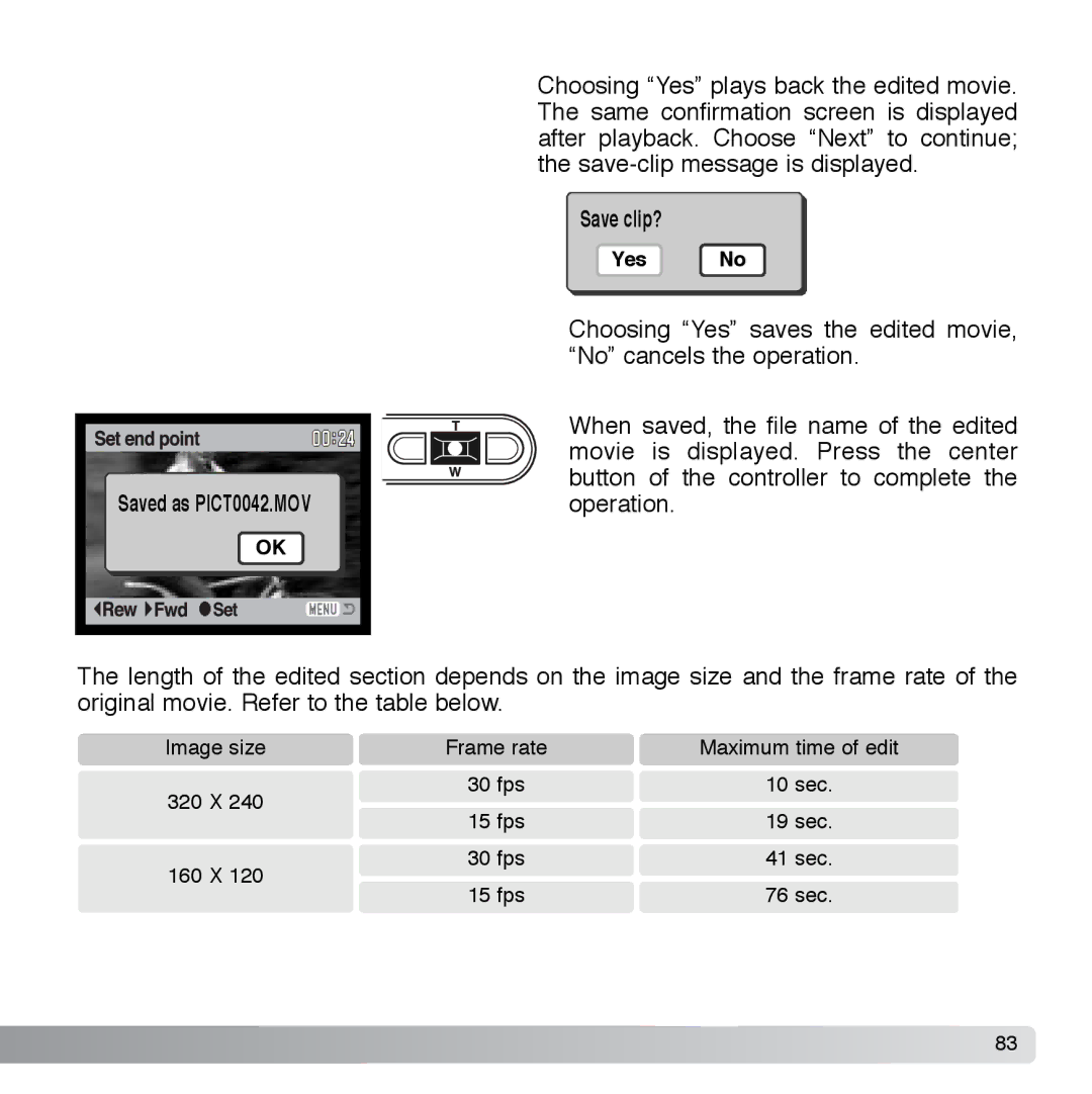 Cyber Acoustics DiMAGE Xg instruction manual Image size Frame rate Maximum time of edit 320 X 