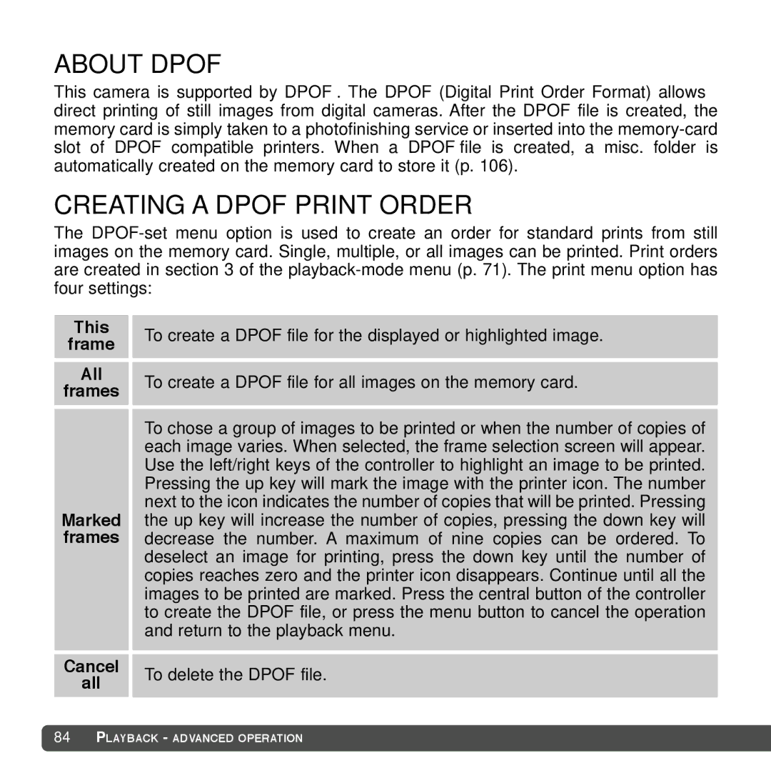 Cyber Acoustics DiMAGE Xg instruction manual About Dpof, Creating a Dpof Print Order 