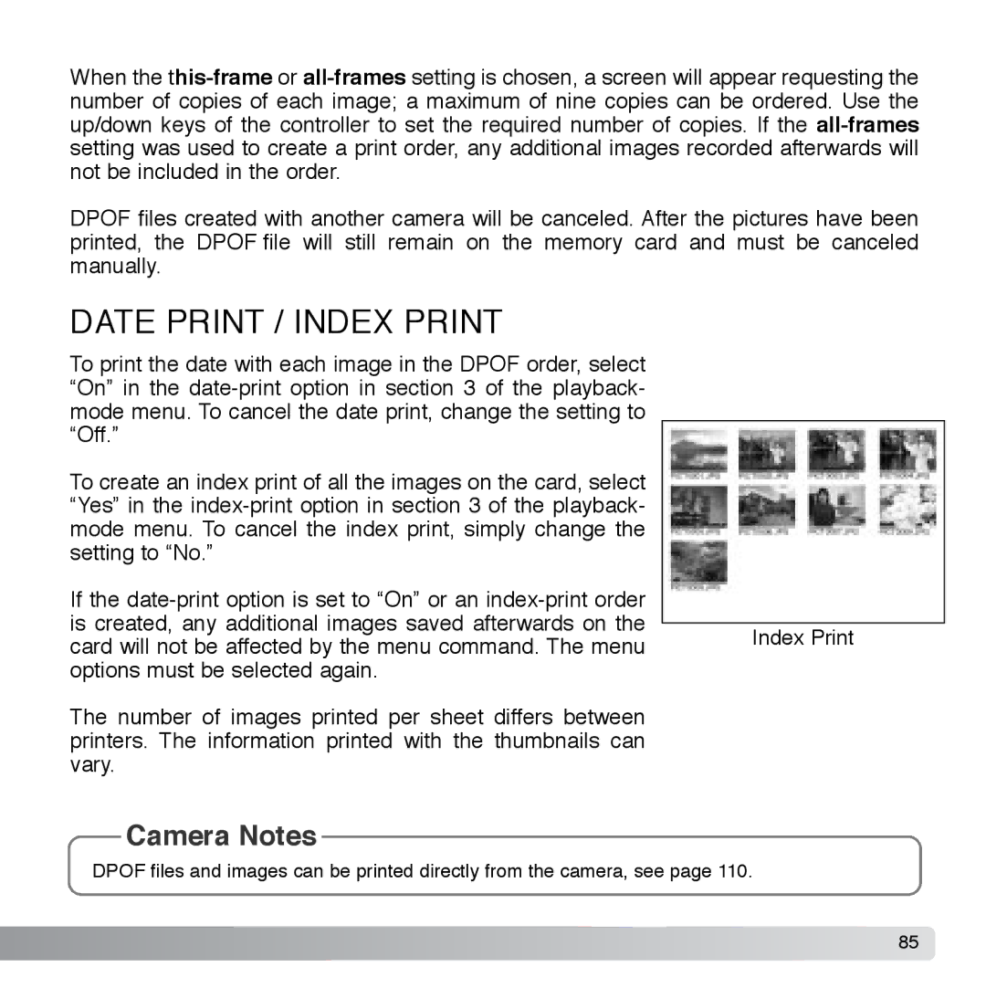 Cyber Acoustics DiMAGE Xg instruction manual Date Print / Index Print 