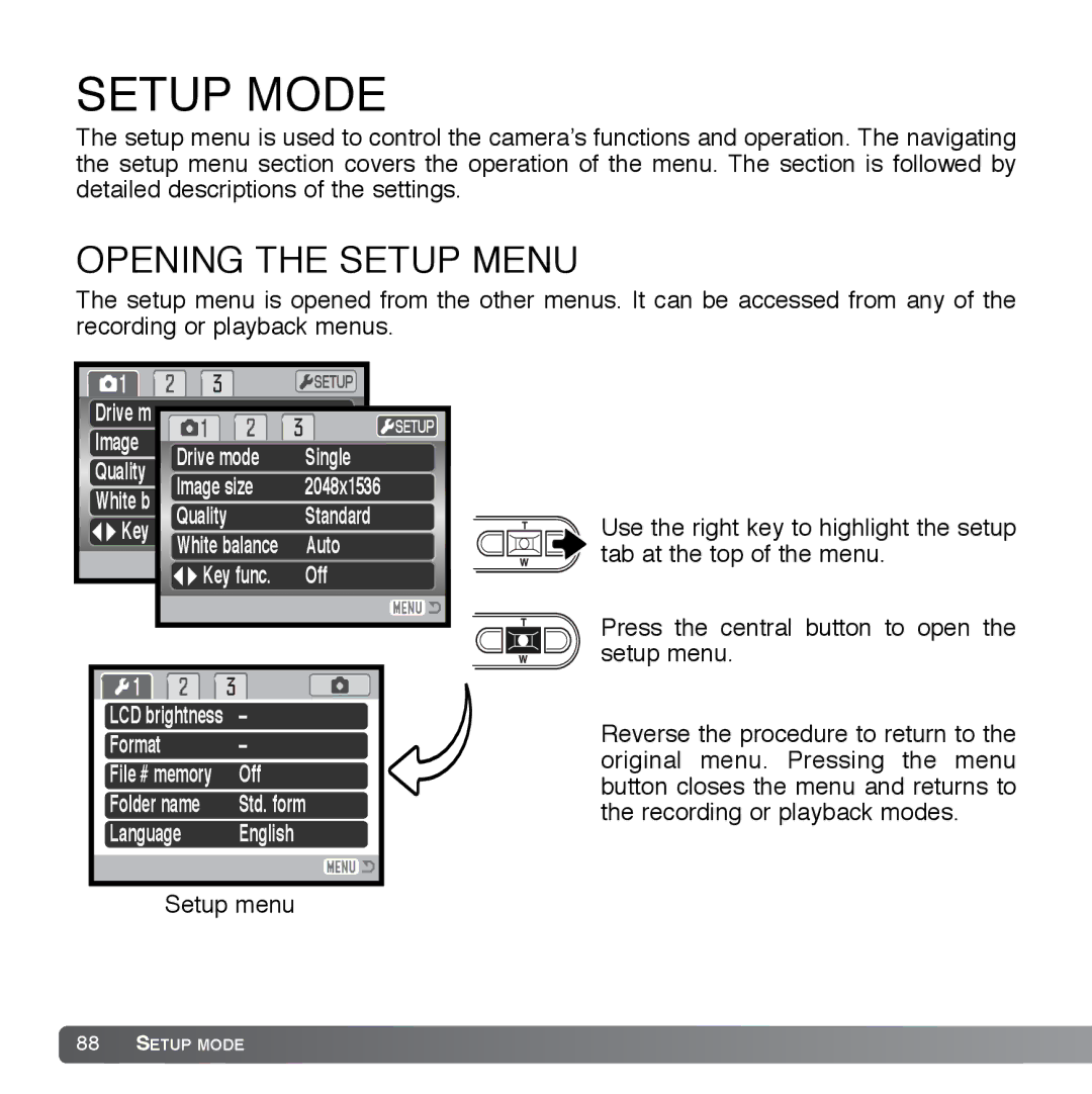 Cyber Acoustics DiMAGE Xg instruction manual Setup Mode, Opening the Setup Menu 